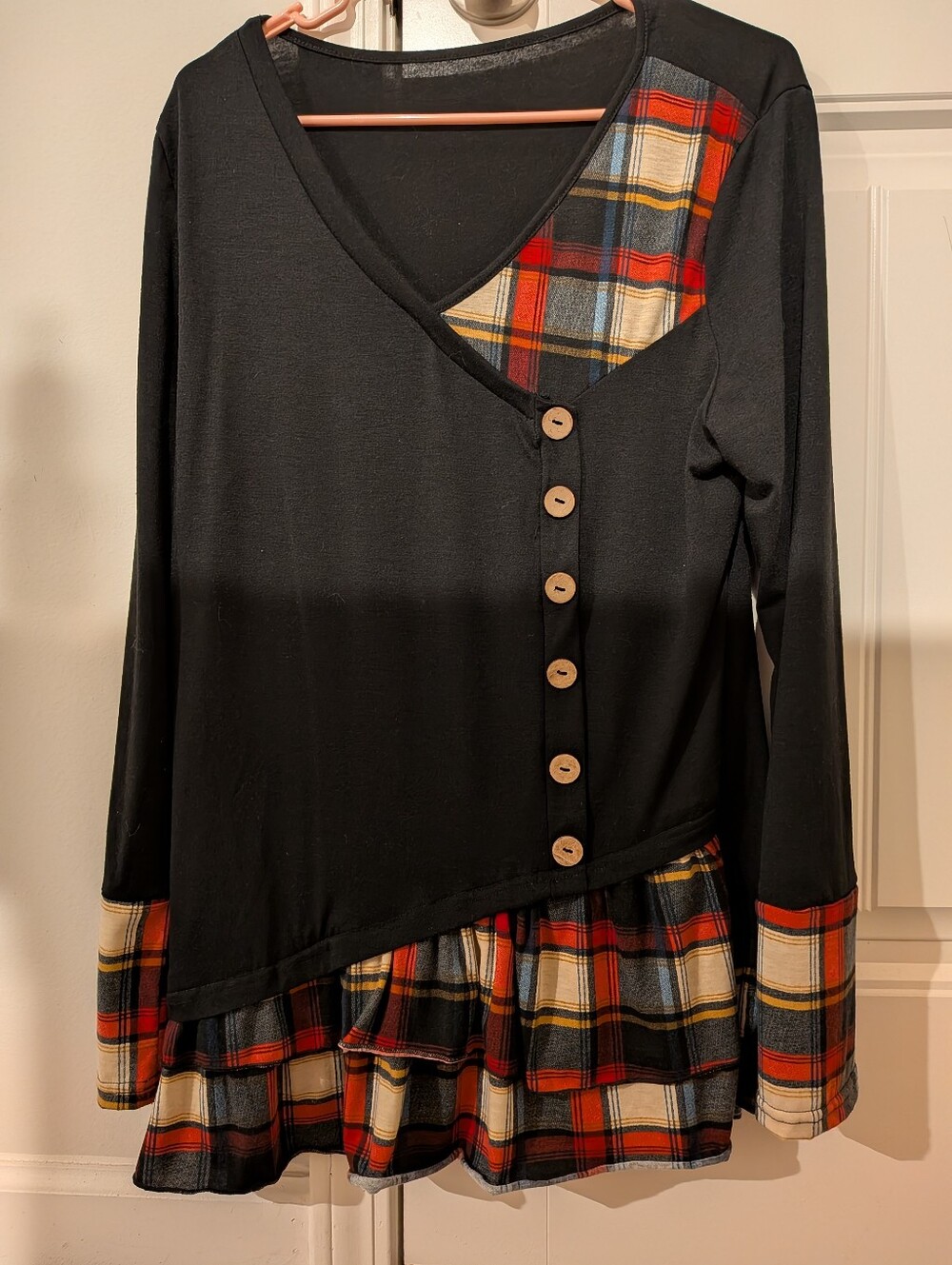 Black Tunic Top with Red & Yellow Plaid Accents